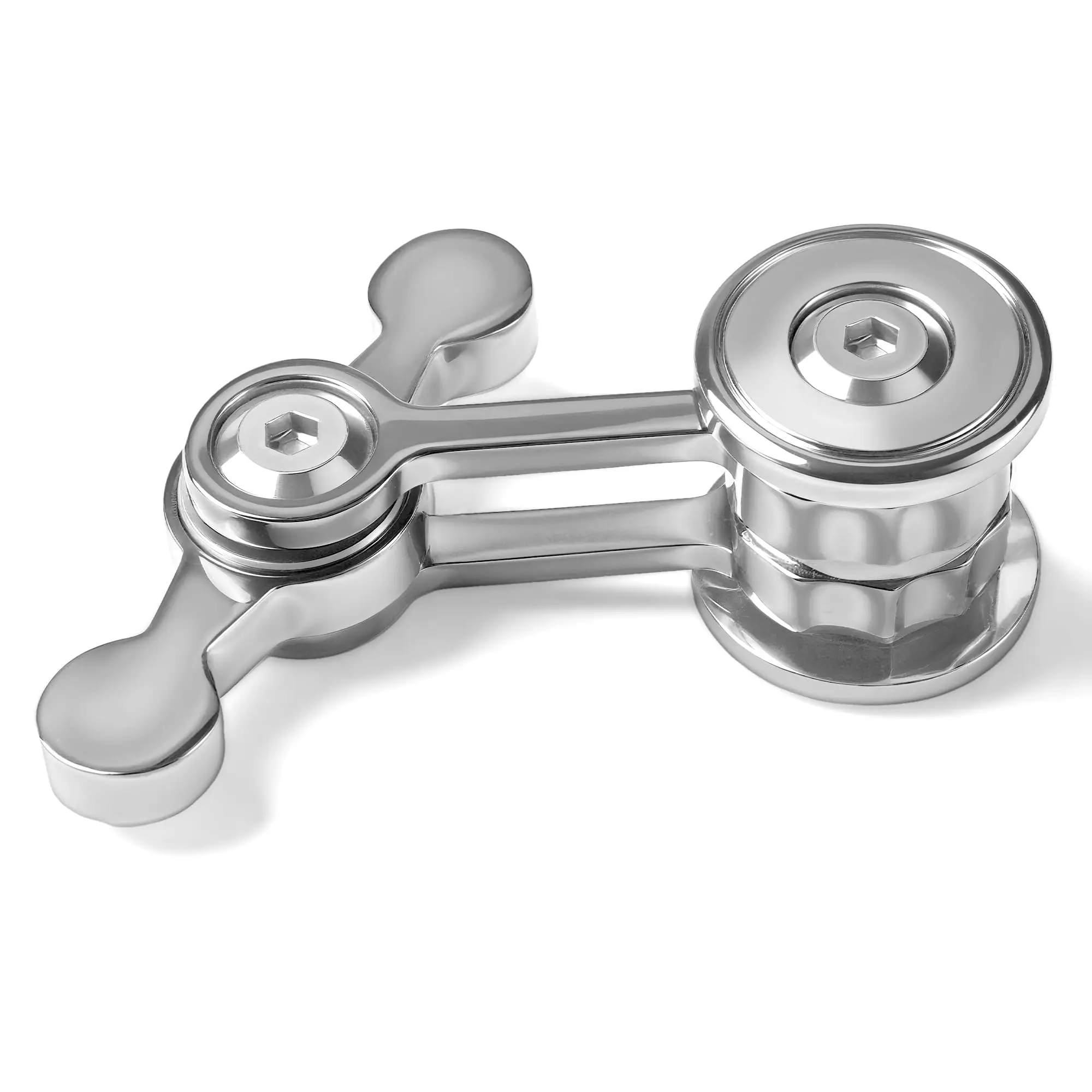 Spinner argenté avec grand bouton circulaire, bras ouvert et rotor à deux lobes sur un second pivot