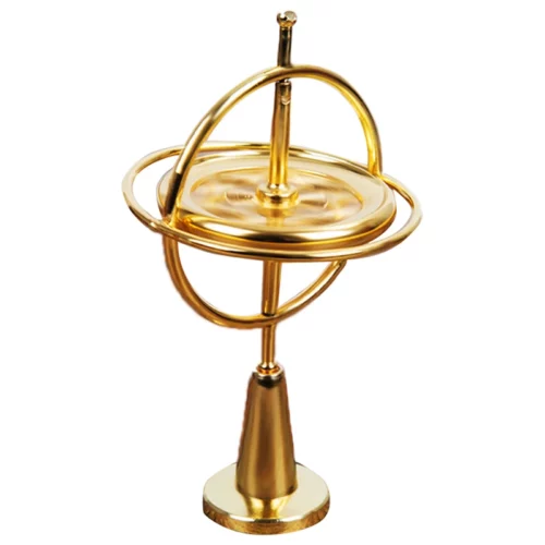 Gyroscope doré à rotor central, cage d’anneaux croisés et socle conique sur fond blanc