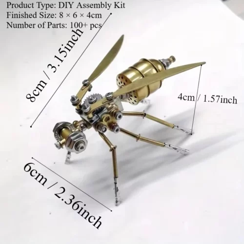 Guêpe steampunk assemblée en métal avec deux ailes dorées, six pattes et abdomen segmenté